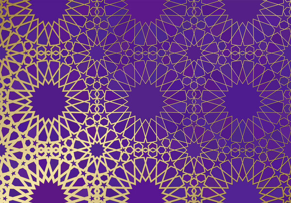 Abstract background with islamic ornament, arabic geometric texture. Golden lined tiled motif over colored background with stained glass style.