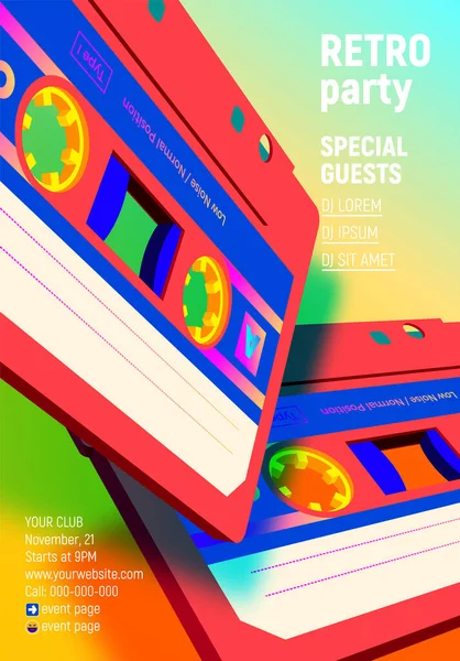 レトロな80年代スタイルのパーティー招待状に鮮やかな色の飛行古い音楽ミックステープとコンパクトカセットポスター — ストックベクタ