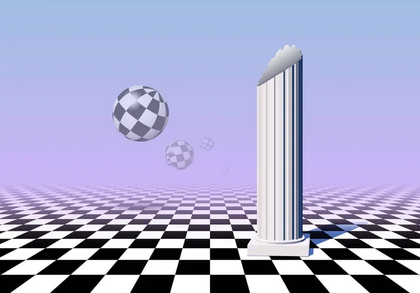 黑球和白球以蒸汽波风格在有柱子 粉色和蓝色渐变背景的检查过的地板上飞舞 — 图库矢量图片