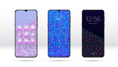 Soyut labirent ya da labirent desenli ve çeşitli parola giriş seçenekleriyle akıllı telefon kilitli ekran arkaplanı