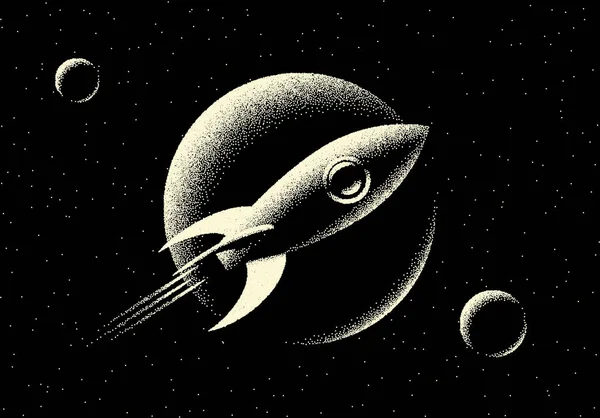 Космический Пейзаж Живописным Видом Планету Ракету Звезды Выполненный Стиле Ретро — стоковый вектор
