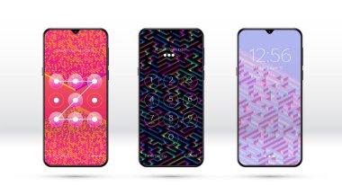Soyut labirent ya da labirent desenli ve çeşitli parola giriş seçenekleriyle akıllı telefon kilitli ekran arkaplanı