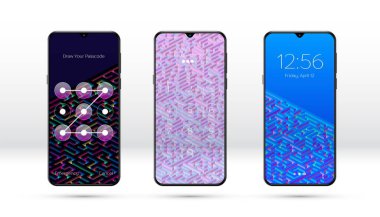 Soyut labirent ya da labirent desenli ve çeşitli parola giriş seçenekleriyle akıllı telefon kilitli ekran arkaplanı