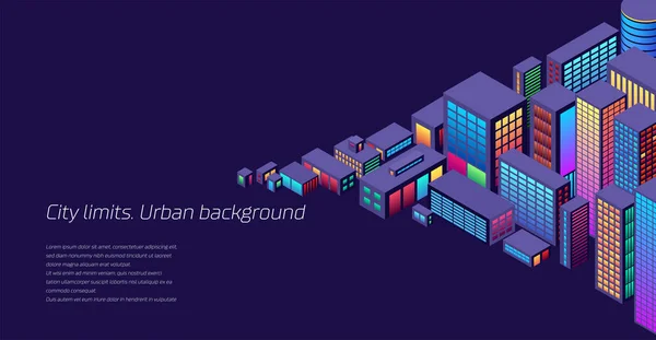 Hintergrund Mit Stadtansicht Mit Isometrischer Perspektive Und Leuchtenden Neonfarben — Stockvektor