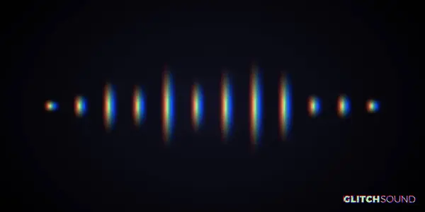 音楽音量のピークとぼやけた線の振動波形に対する色のグリッチ効果を持つオーディオまたはサウンドの波 — ストックベクタ