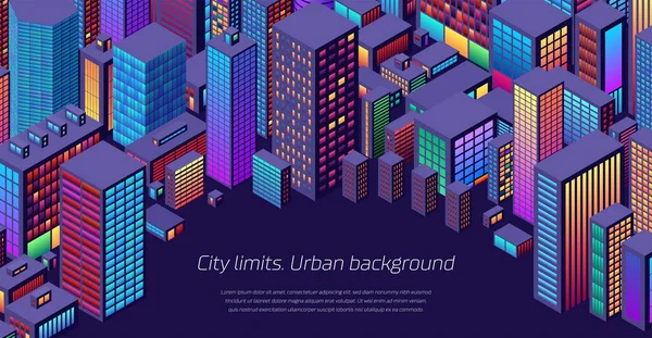 Sfondo Con Vista Sulla Città Con Prospettiva Isometrica Colori Fluo — Vettoriale Stock