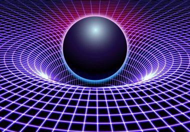 Black hole or gravity grid with glowing ball or sun in 80s synthwave and retrowave style clipart