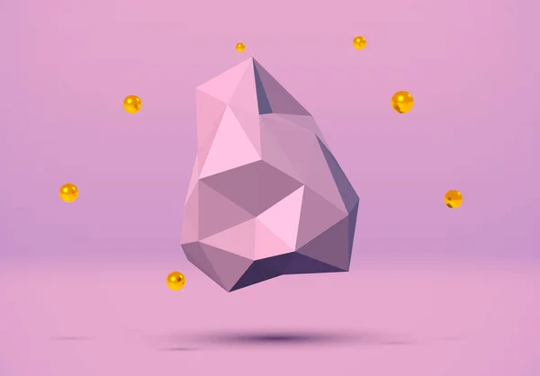 Pink 3D background with abstract flying low poly rock and shiny golden balls around
