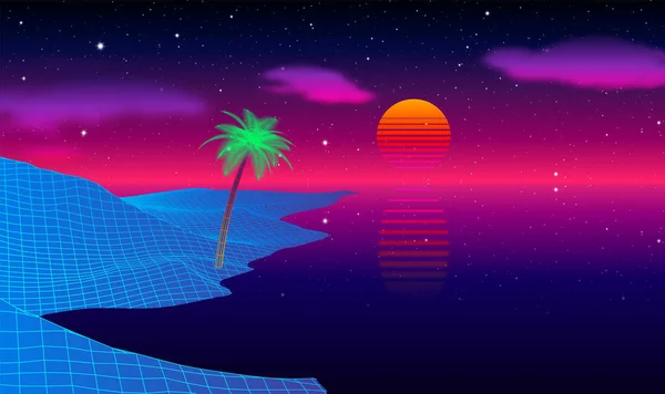 シンセーブまたはレトロウェーブ80年代のコンピュータゲームスタイル 活気に満ちたレトロアーケードカラーと雲を持つ海岸風景で日没でヤシの木とビーチ — ストックベクタ