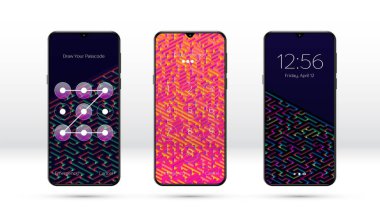 Soyut labirent ya da labirent desenli ve çeşitli parola giriş seçenekleriyle akıllı telefon kilitli ekran arkaplanı