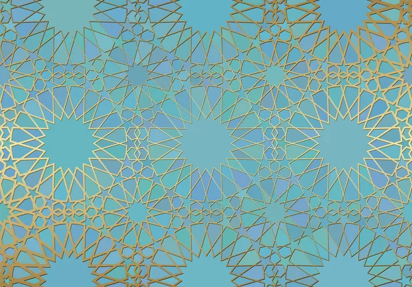 イスラム装飾 アラビア語の幾何学的なテクスチャを持つ抽象的な背景 ステンドグラス風の彩色を施した金色の線描のモチーフ — ストックベクタ
