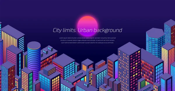 Background City View Sun Isometric Perspective Vibrant Shiny Neon Colors — Stock Vector