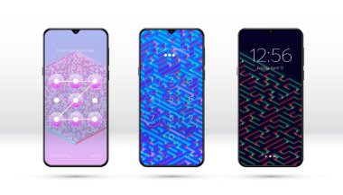 Soyut labirent ya da labirent desenli ve çeşitli parola giriş seçenekleriyle akıllı telefon kilitli ekran arkaplanı