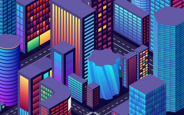 İzometrik perspektifli ve parlak neon renklere sahip şehir görünümlü arkaplan