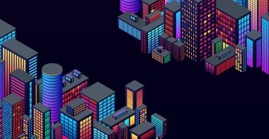 İzometrik perspektifli ve parlak neon renklere sahip şehir görünümlü arkaplan