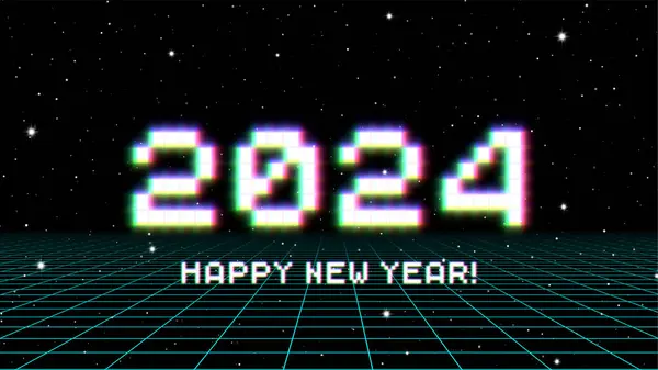 2024 Segno Capodanno Con Pixel Incandescenti Glitch Griglia Vacanze Invernali — Vettoriale Stock