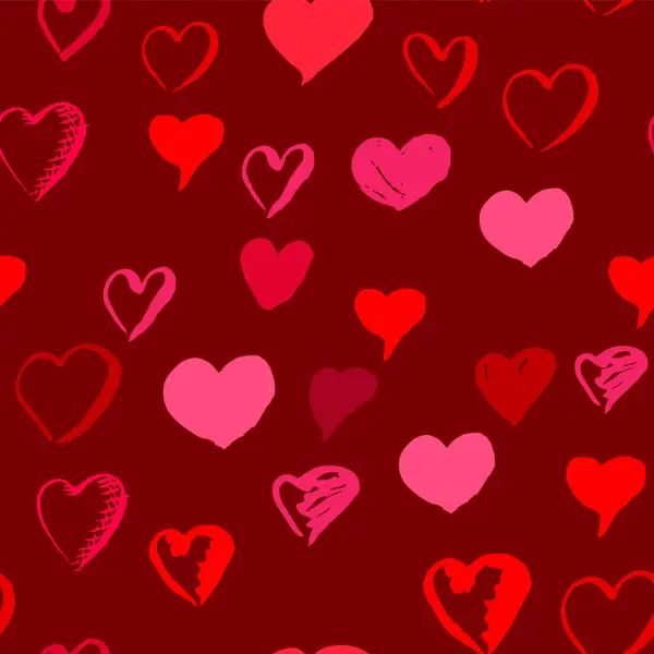 バレンタインデーのための赤とピンクのハート記号とシームレスなパターンを描いた — ストックベクタ