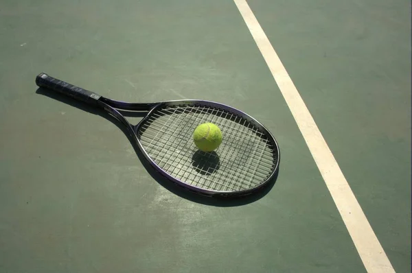 Tennis Racket Ball Court Stock Photo