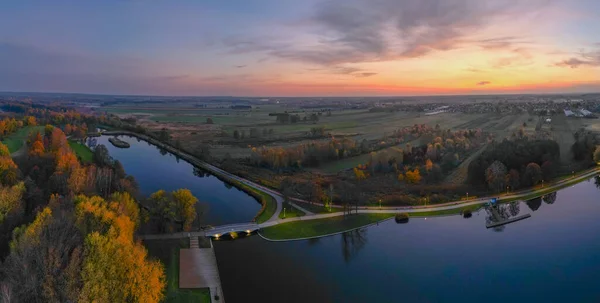 Zachód Słońca Parku Publicznym Lewityn Pabianicach Widok Drona — Zdjęcie stockowe