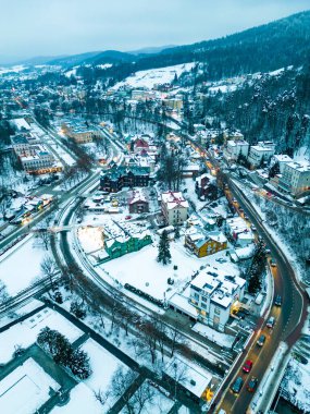 Aerial view of Krynica Zdroj City and Beskid Sadecki Mountains from a drone