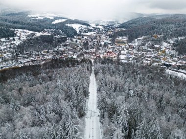 Aerial view of Krynica Zdroj City and Park Mountain from a drone