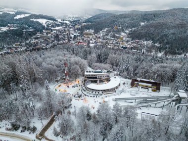 Aerial view of Krynica Zdroj City and Park Mountain from a drone