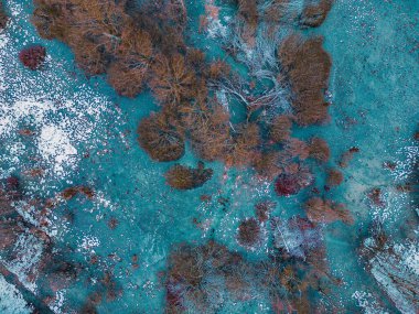 Pabianice 'deki Dobrzynka Nehri havuzunda kış manzarası - dron manzarası