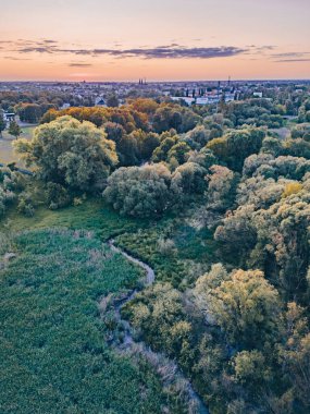 Nehir yatağının insansız hava aracı görüntüsü - Dobrzynka nehri Pabianice City - Polonya