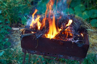 Açık havada paslı ızgara ızgara, dumanlı ateş alevleri, yanan odun ve odun parçaları, saman, bulanık yeşil arka plan. Dinlenme, tatil, hafta sonu nesnesi