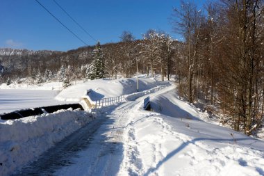 Dağ yolu kışın karla kaplı.