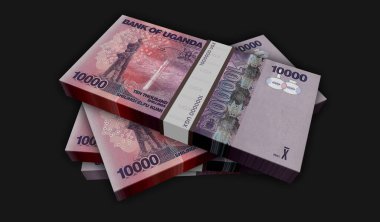 Uganda parası 3 boyutlu resim paketi. UGX banknot desteleri. Maliye, nakit, ekonomi krizi, iş başarısı, durgunluk, banka, vergi ve borç kavramı.