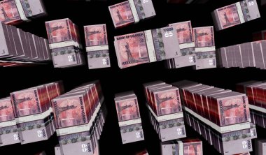 Uganda parası 3 boyutlu resim paketi. UGX banknot desteleri. Maliye, nakit, ekonomi krizi, iş başarısı, durgunluk, banka, vergi ve borç kavramı.