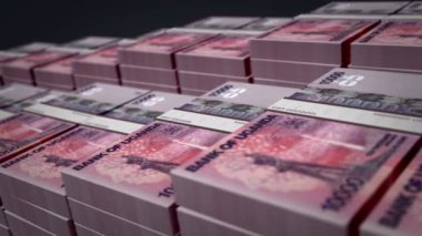 Uganda parası. Üç boyutlu animasyon. Döngüsüz finans, nakit, ekonomi, iş ve banka kavramı. Kamera 10000 UGX banknot destesi üzerinde hareket ediyor.