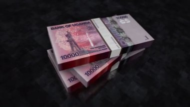 Uganda parası Şilin para yığını. Ekonomi, bankacılık, iş, kriz, durgunluk, borç ve finans konularının kavramı. 10000 UGX banknotları 3d animasyon istifledi.