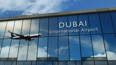 Dubai Birleşik Arap Emirlikleri 'ne 3 boyutlu resimli uçak inişi. Cam havaalanı terminali ve jet uçağının yansıması ile şehre varış. Seyahat, iş, turizm ve ulaşım.