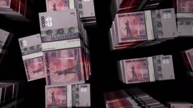 Uganda parası. Şilin para paketi döngüsü. UGX banknotları üzerinden uçuş üst görünümü destekler. Üç boyutlu, kusursuz bir animasyon. Ekonomi, kriz, iş ve finans konsepti.