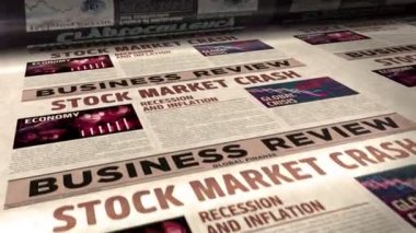 Borsa çöküşü, ekonomik durgunluk ve iş krizi günlük gazete kağıdı basımı. Soyut konsept retro başlıklar 3d kusursuz döngülenmiş.
