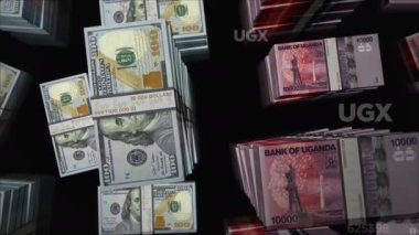 Amerikan Doları ve Uganda Şilin para değişimi. Banknotlar tomar tomar. Ticaret, ekonomi, rekabet, kriz, bankacılık ve finans kavramı. Döngüsüz 3D notalar.