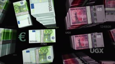Euro ve Uganda Şilin para değişimi. Kağıt banknotlar tomar tomar. Ticaret, ekonomi, rekabet, kriz, bankacılık ve finans kavramı. Döngüsüz 3D canlandırma notaları.