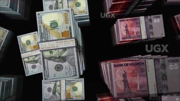 美元和乌干达先令货币兑换 钞票包扎 银行和金融的概念 易漏洞无缝D — 图库视频影像
