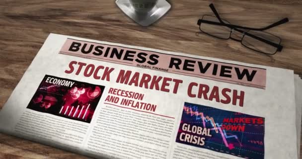 Katastrofa Giełdzie Recesja Kryzys Biznesowy Codzienne Gazety Stole Nagłówki Wiadomości — Wideo stockowe
