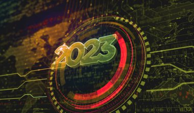 2023 yıllık fütürist yeni neon sembolü dijital konsept. Ağ, siber teknoloji ve bilgisayar arkaplanı soyut 3D resimleme.