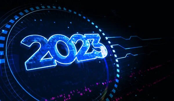 2023 Χρόνια Φουτουριστικό Νέο Νέον Σύμβολο Ψηφιακή Έννοια Δίκτυο Τεχνολογία — Φωτογραφία Αρχείου