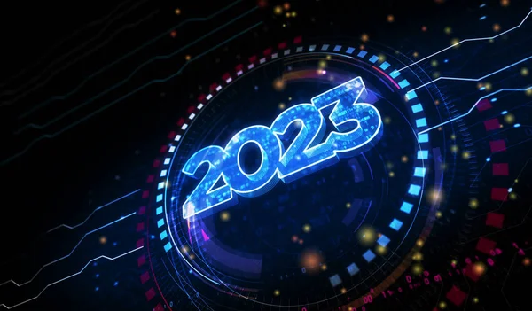 2023 Años Futurista Nuevo Concepto Digital Símbolo Neón Red Tecnología — Foto de Stock