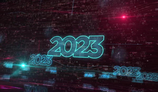 2023年未来的な新しいネオンシンボルデジタルコンセプト ネットワーク サイバー技術 コンピュータの背景抽象的な3Dイラスト — ストック写真