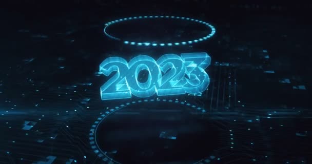 2023 Χρόνια Φουτουριστικό Νέο Νέον Ολόγραμμα Σύμβολο Εμφανίζεται Ένα Ψηφιακό — Αρχείο Βίντεο