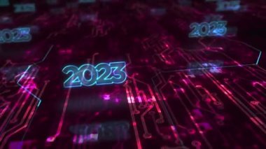 2023 yıllık fütürist yeni neon sembolü soyut siber konsept. Dijital teknoloji ve bilgisayar arkaplanı pürüzsüz ve döngülü 3D animasyon.