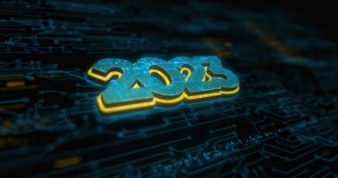 2023 yıllık fütürist yeni neon renkli sembol konsepti. Ağ, siber teknoloji ve bilgisayar arkaplanı soyut 3d canlandırması.