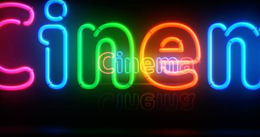 Sinema neon sembolü. Retro tarzı film ve eğlence amaçlı renkli ampuller. Soyut konsept 3d illüstrasyon.