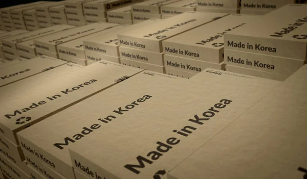 韓国製のボックス生産ライン 製造と配送 製品工場 輸入と輸出 アブストラクトコンセプト3Dレンダリングイラスト — ストック写真
